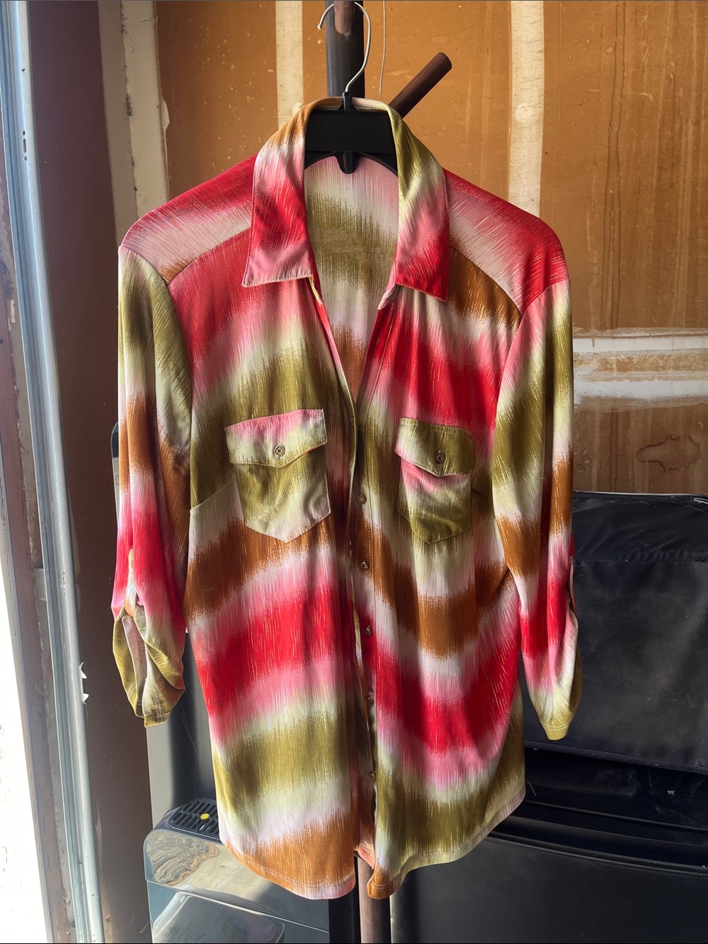 Relaxed Striped Button-Up Blouse in Red, Olive & Brown